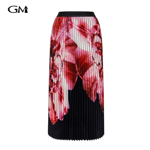 Fashionable and elegant red printed high waisted pleated skirt