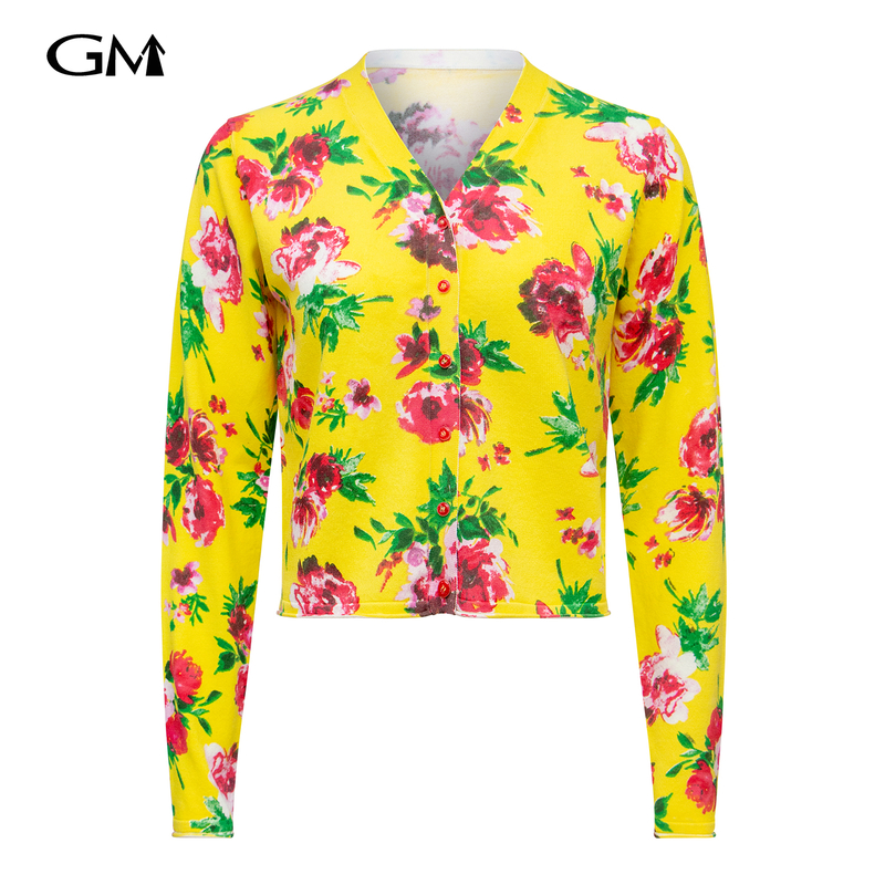 New V-neck floral printed knitted cardigan