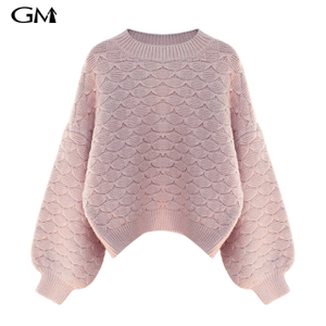 Stylish simple solid color lantern sleeve loose knit