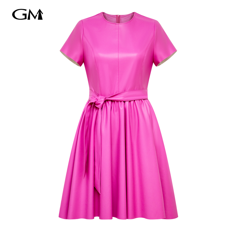 New solid color PU leather waist cinching dress