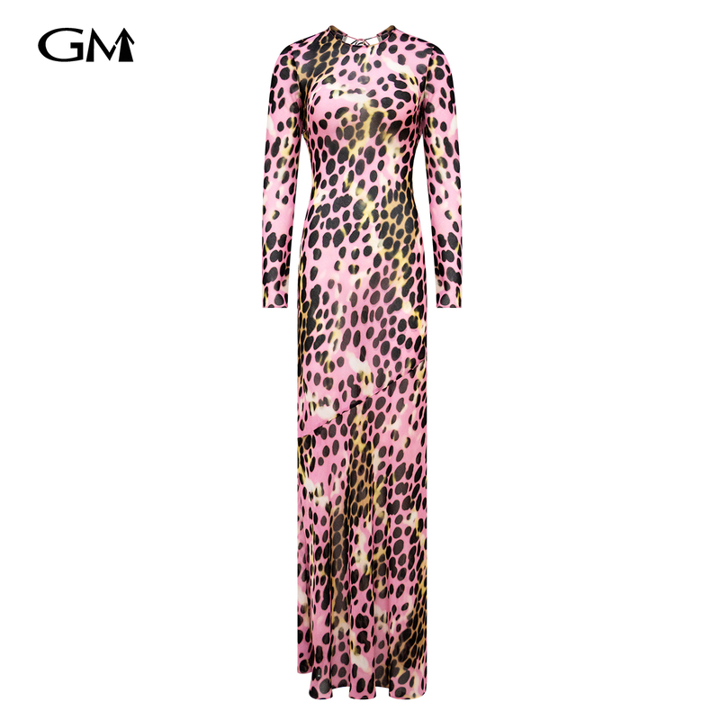 Leopard print round neck backless dress