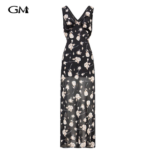 Retro V-neck slim fit floral suspender dress