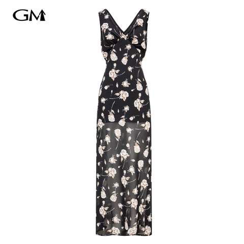 Retro V-neck slim fit floral suspender dress