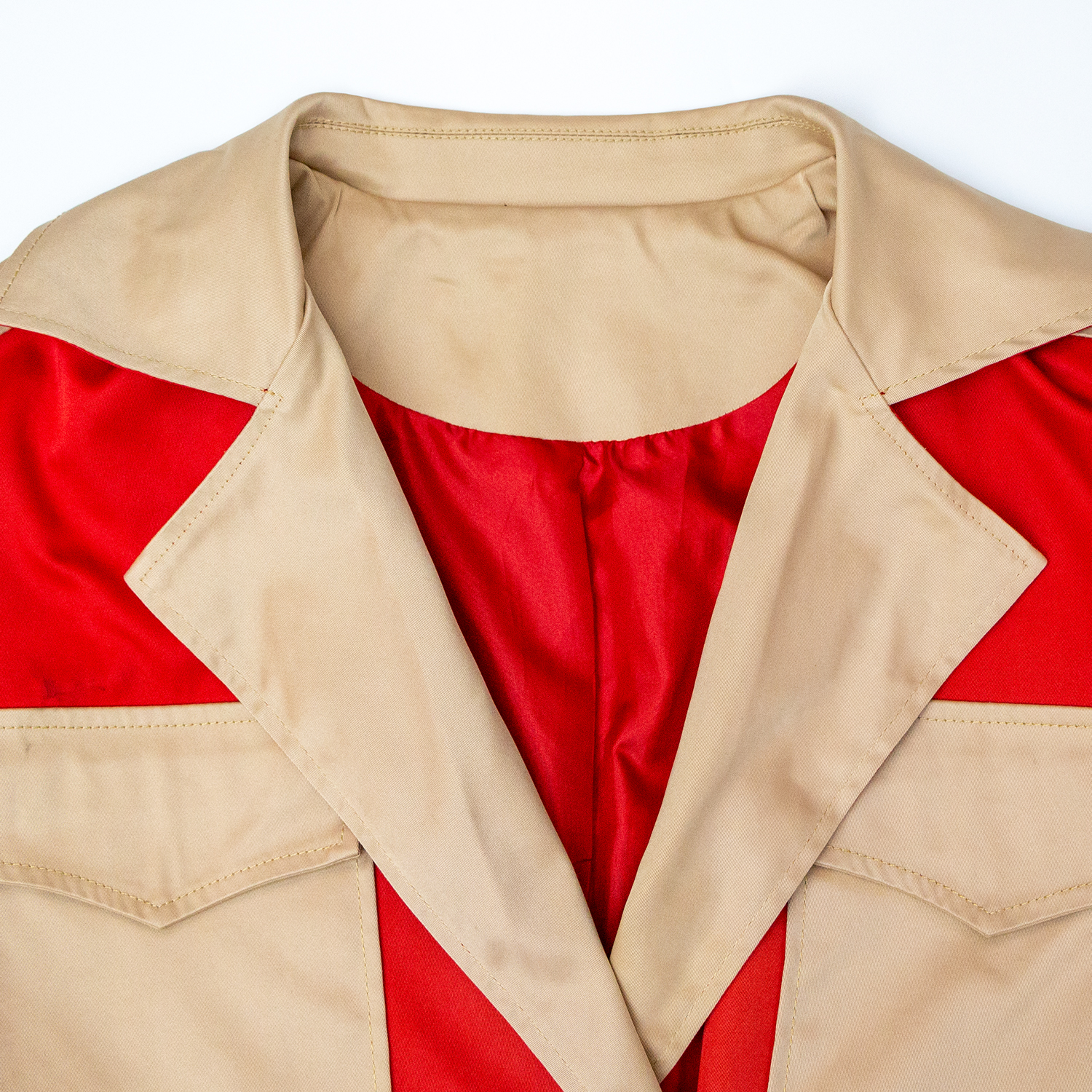 New khaki patchwork red V-neck mid length windbreaker jacket