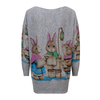 Fashionable round neck rabbit print gray knitted top