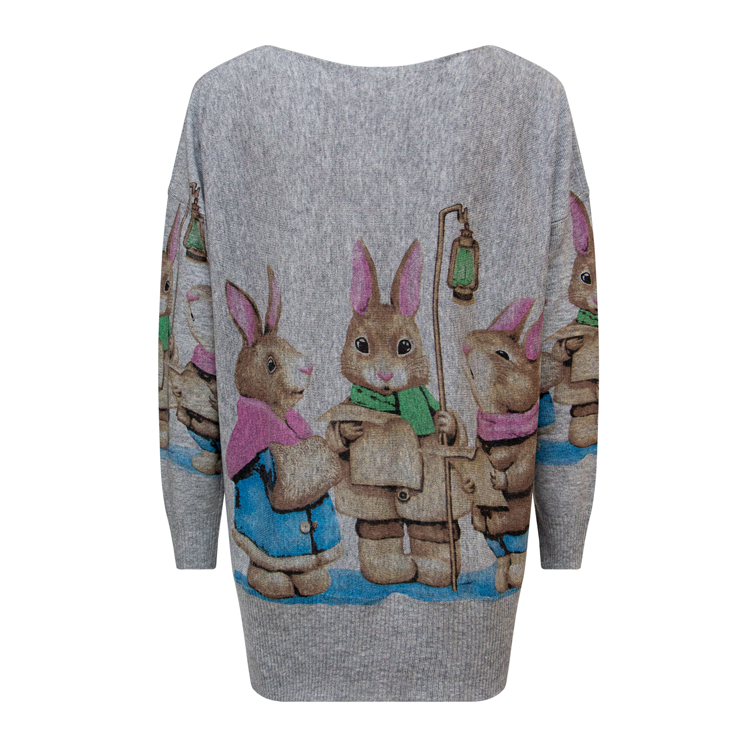 Fashionable round neck rabbit print gray knitted top