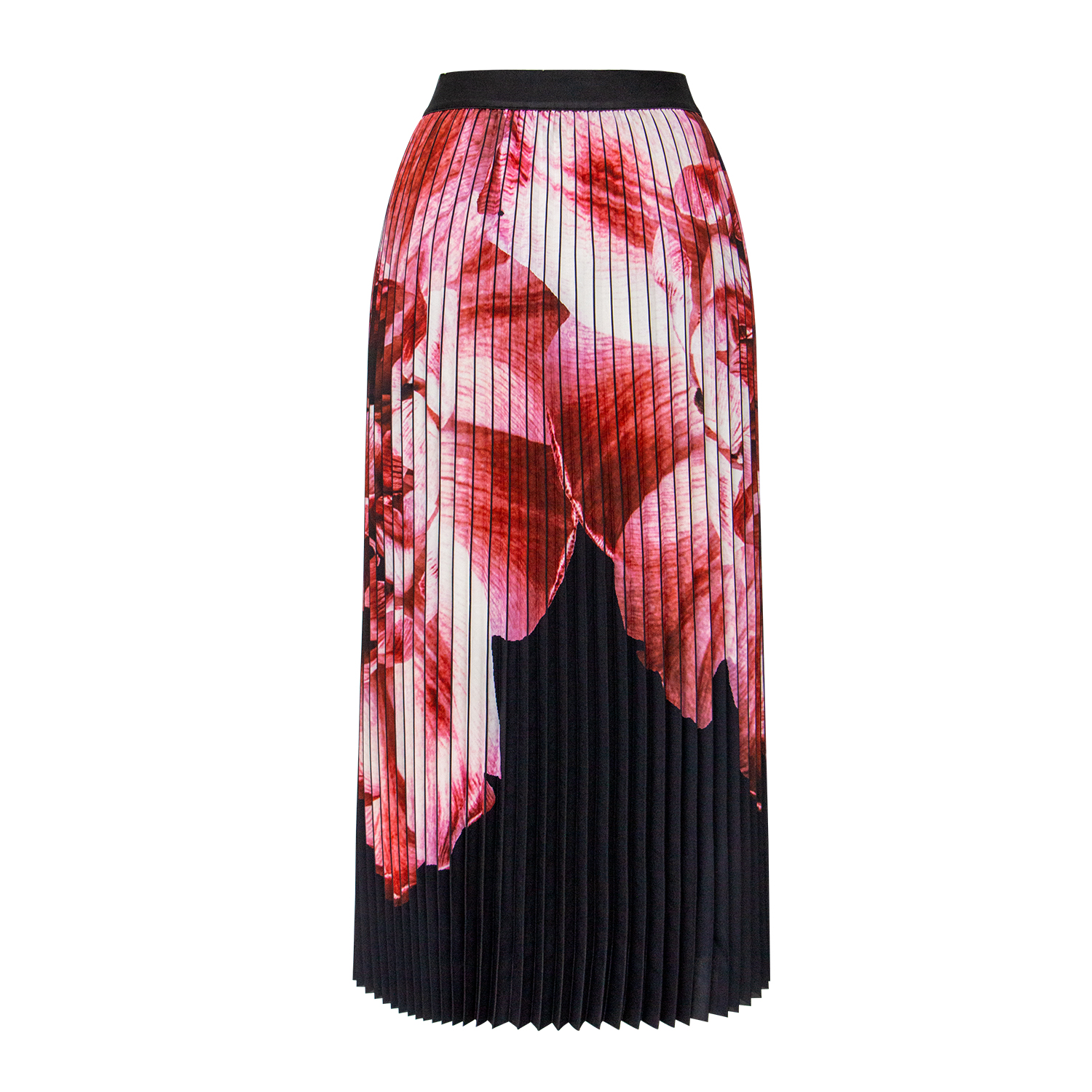 Fashionable and elegant red printed high waisted pleated skirt