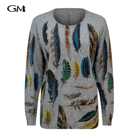 Fashionable round neck feather printed knitted top