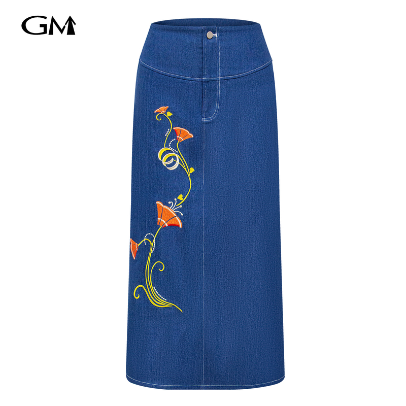 New flower embroidered half body denim skirt