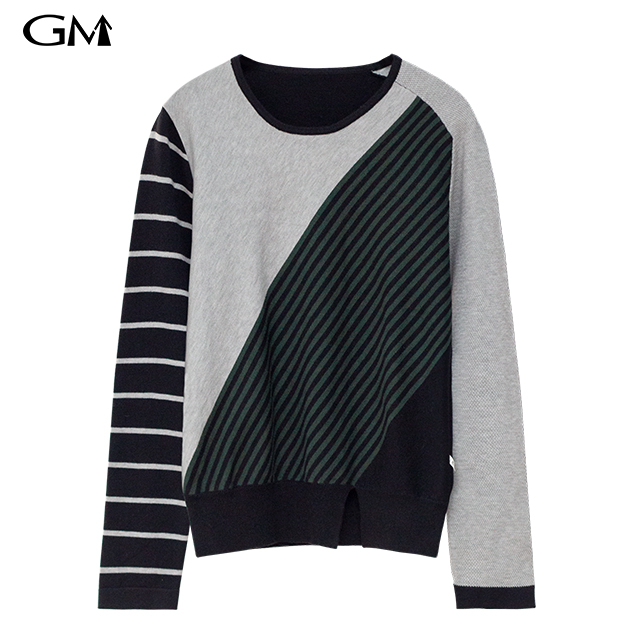 Fashionable women's striped patchwork round neck knitted top