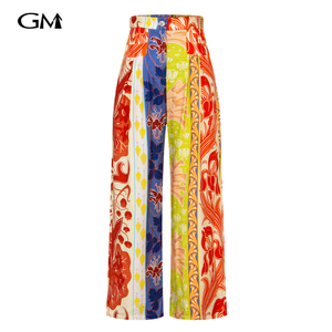 Fashionable women's printed color blocked wide leg pants