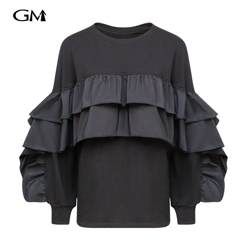 New round neck ruffle edge splicing pullover hoodie