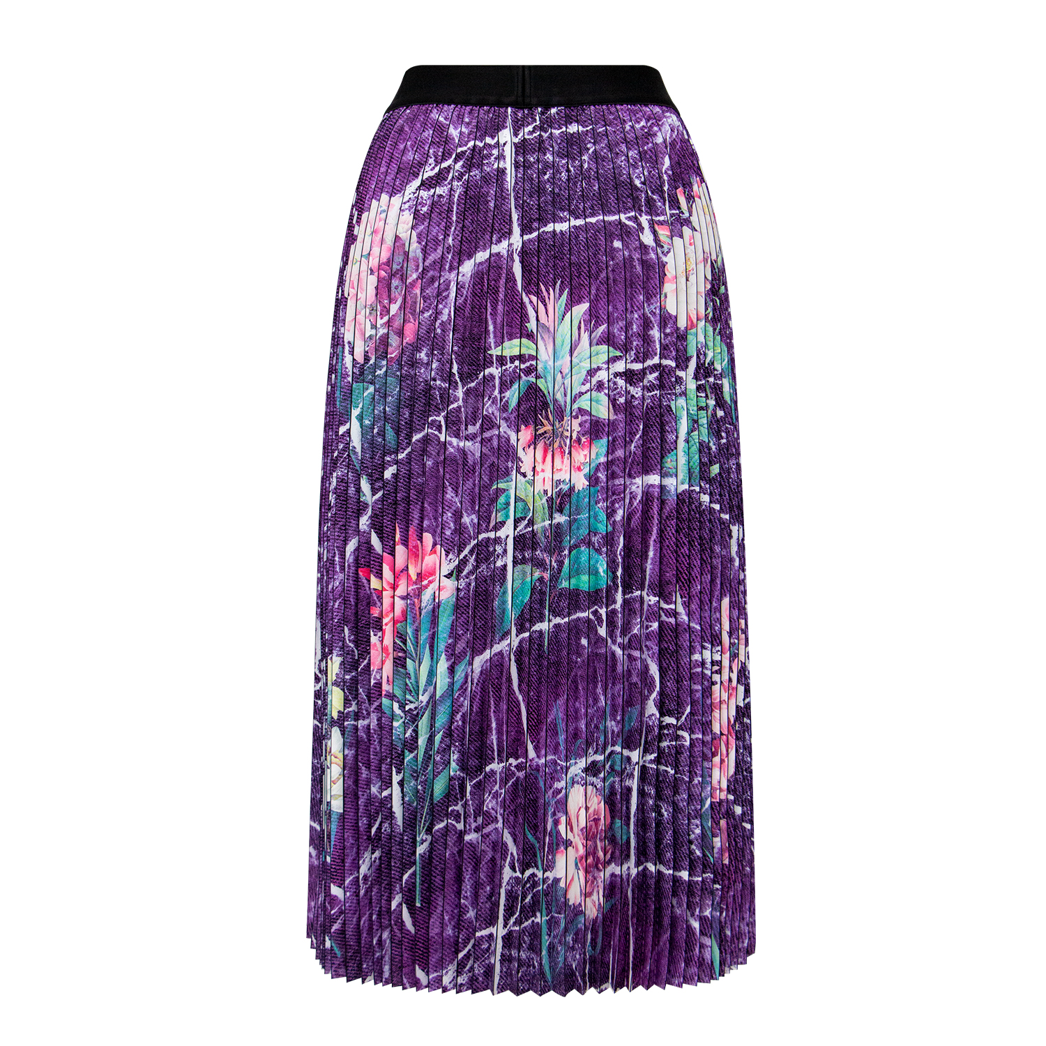 Fashionable purple printed pleated crepe long skirt