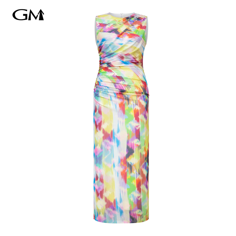 Fashionable printed round neck sleeveless long dress