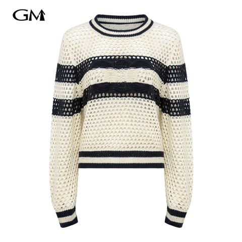 New round neck color blocked hollow knitted top