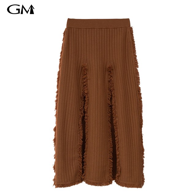 New high waisted fringed mid length knitted skirt