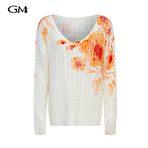 New printed large V-neck loose fitting pullover knitted top