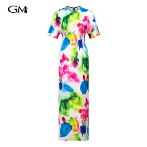 Fashionable printed round neck cheongsam dress