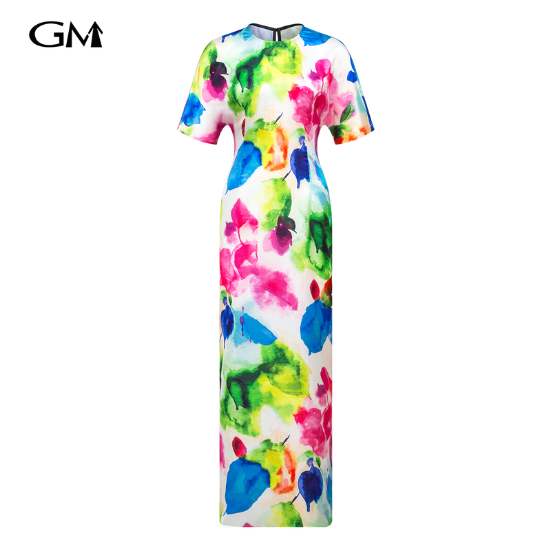 Fashionable printed round neck cheongsam dress