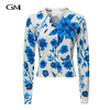 New V-neck blue floral printed knitted cardigan