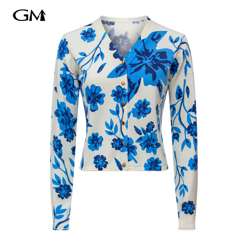 New V-neck blue floral printed knitted cardigan