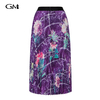 Fashionable purple printed pleated crepe long skirt