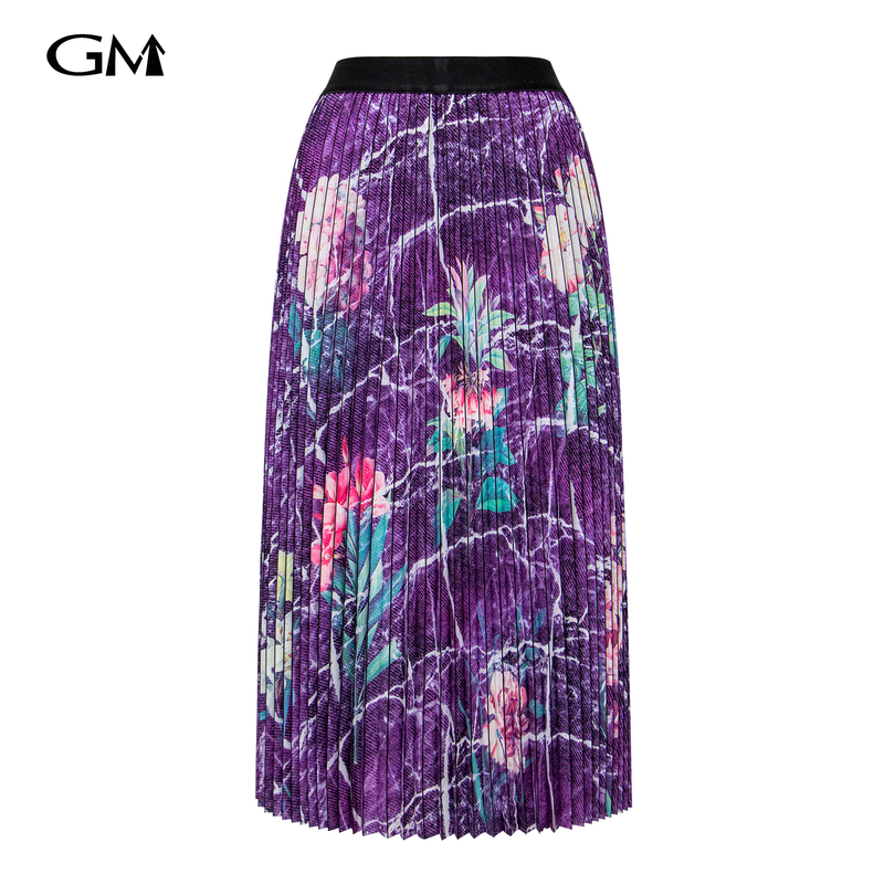 Fashionable purple printed pleated crepe long skirt