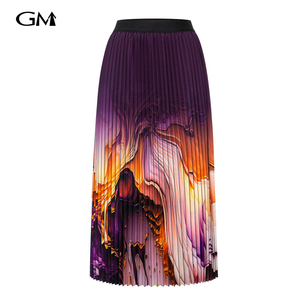 Fashionable abstract printed half pleated skirt