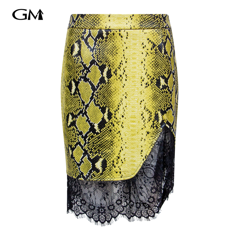 Fashionable snake skin pattern patchwork lace waist skirt 33622