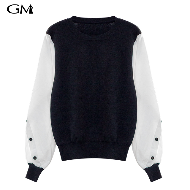 New Women's Black and White Spliced Knitted Round Neck Top