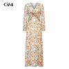 New small fresh printed V-neck long sleeved dress