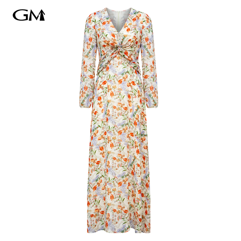 New small fresh printed V-neck long sleeved dress