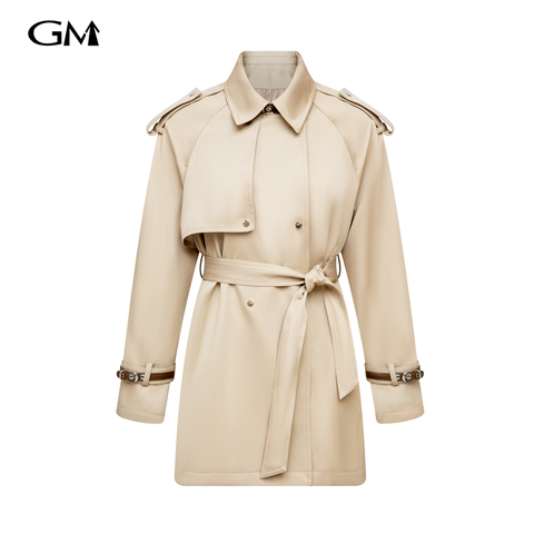 Fashionable and versatile khaki collar mid length trench coat