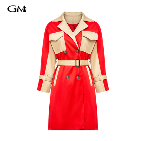 New khaki patchwork red V-neck mid length windbreaker jacket