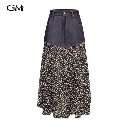 New denim patchwork floral fabric skirt