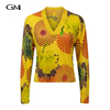 New abstract printed V-neck knitted pullover top