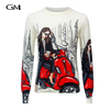 Fashion motorcycle girl printed knitted top