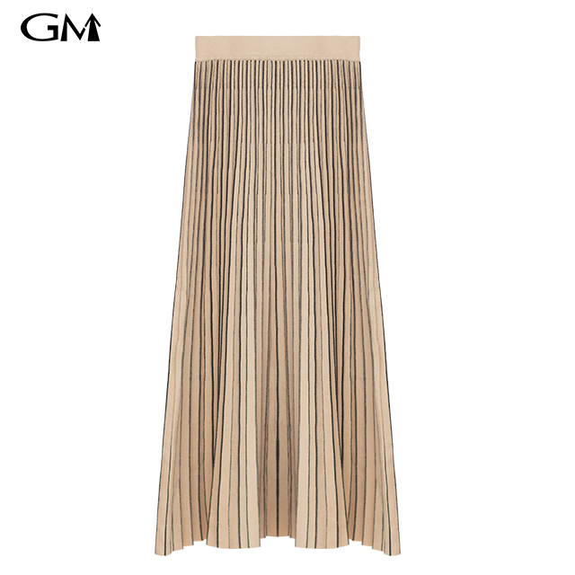 color block Stripe Knit Pleated midi length Skirt