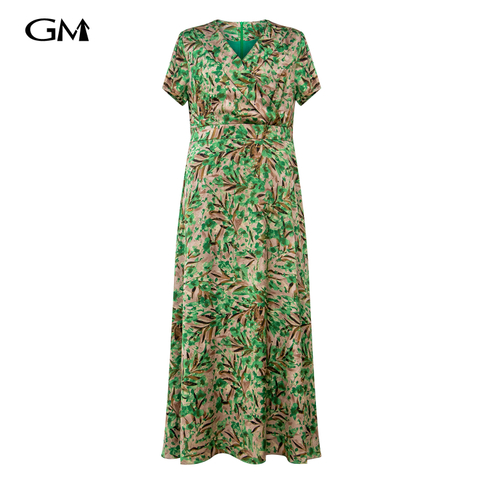 New green printed V-neck short sleeved dress