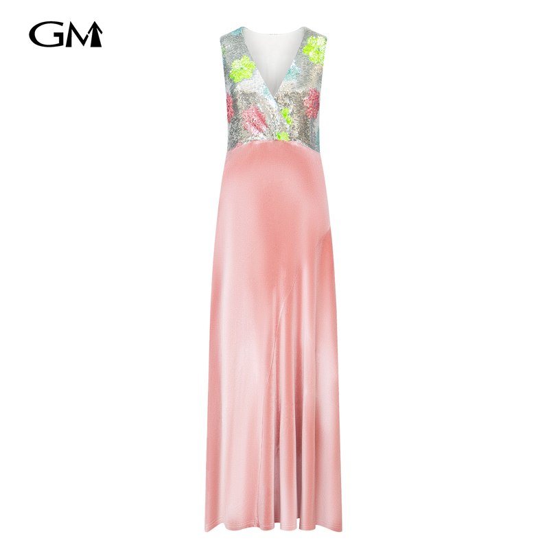 New V-neck sequined patchwork long dress