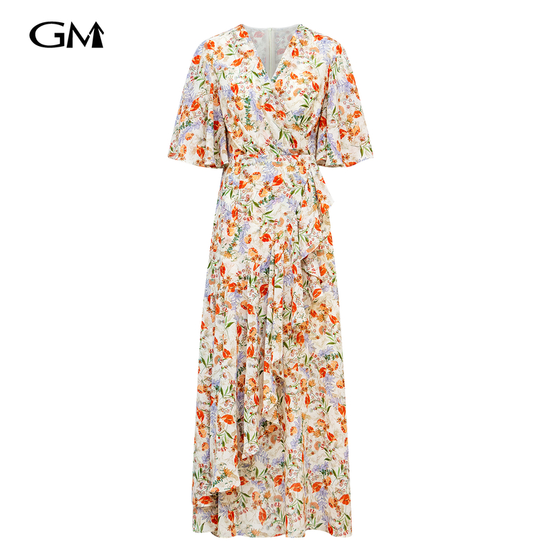 New exquisite printed V-neck dress