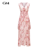 New pink printed V-neck sleeveless dress