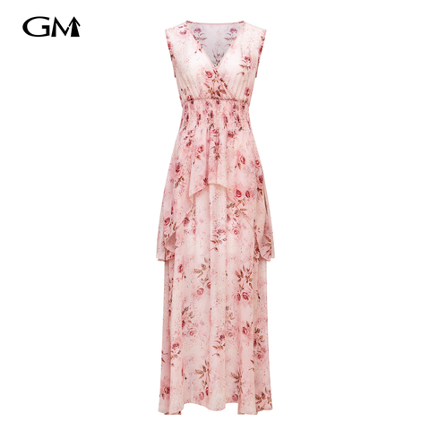 New pink printed V-neck sleeveless dress